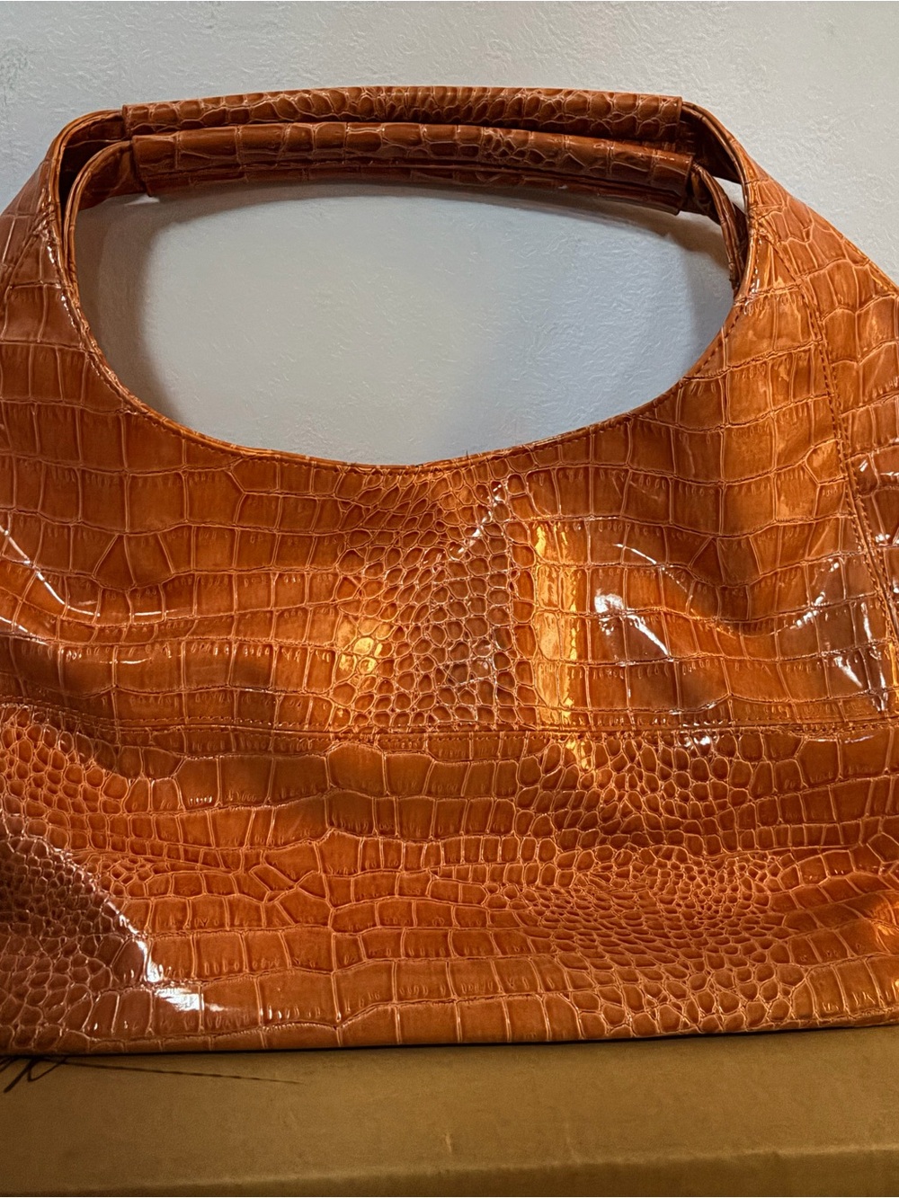 Croc-Embossed Patent Leather Shoulder Bag in Cognac